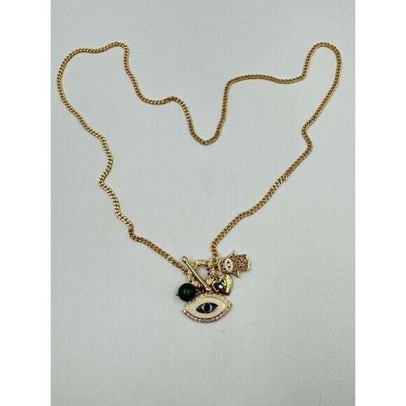 Gold Tone Evil Eye Jadeite Bead Heart Hasma Rhinestone Luck Charm Necklace 24” - Picture 6 of 7